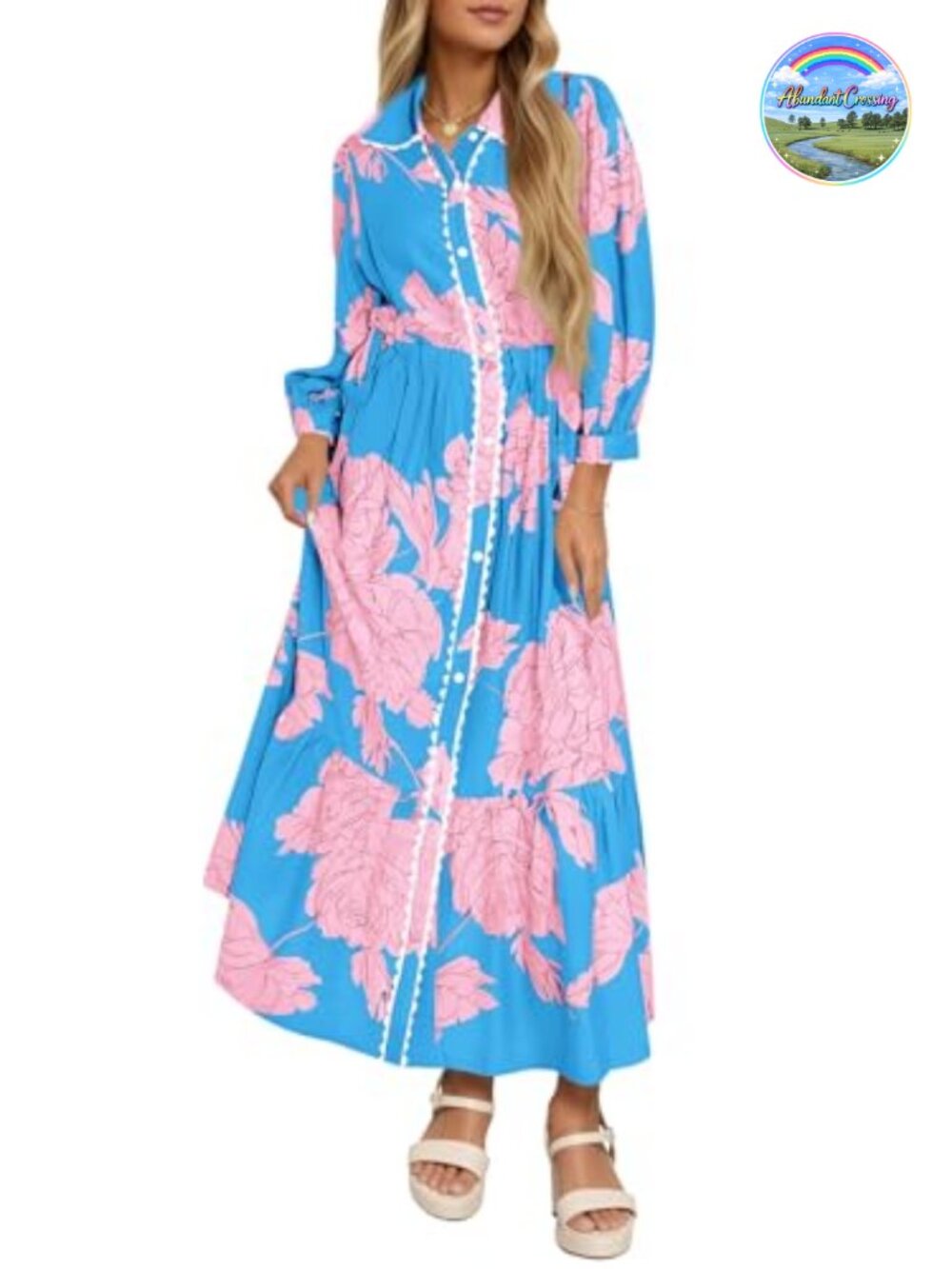Floral Long Sleeve Button Down Boho Shirt Dress with Self-Tie Waist